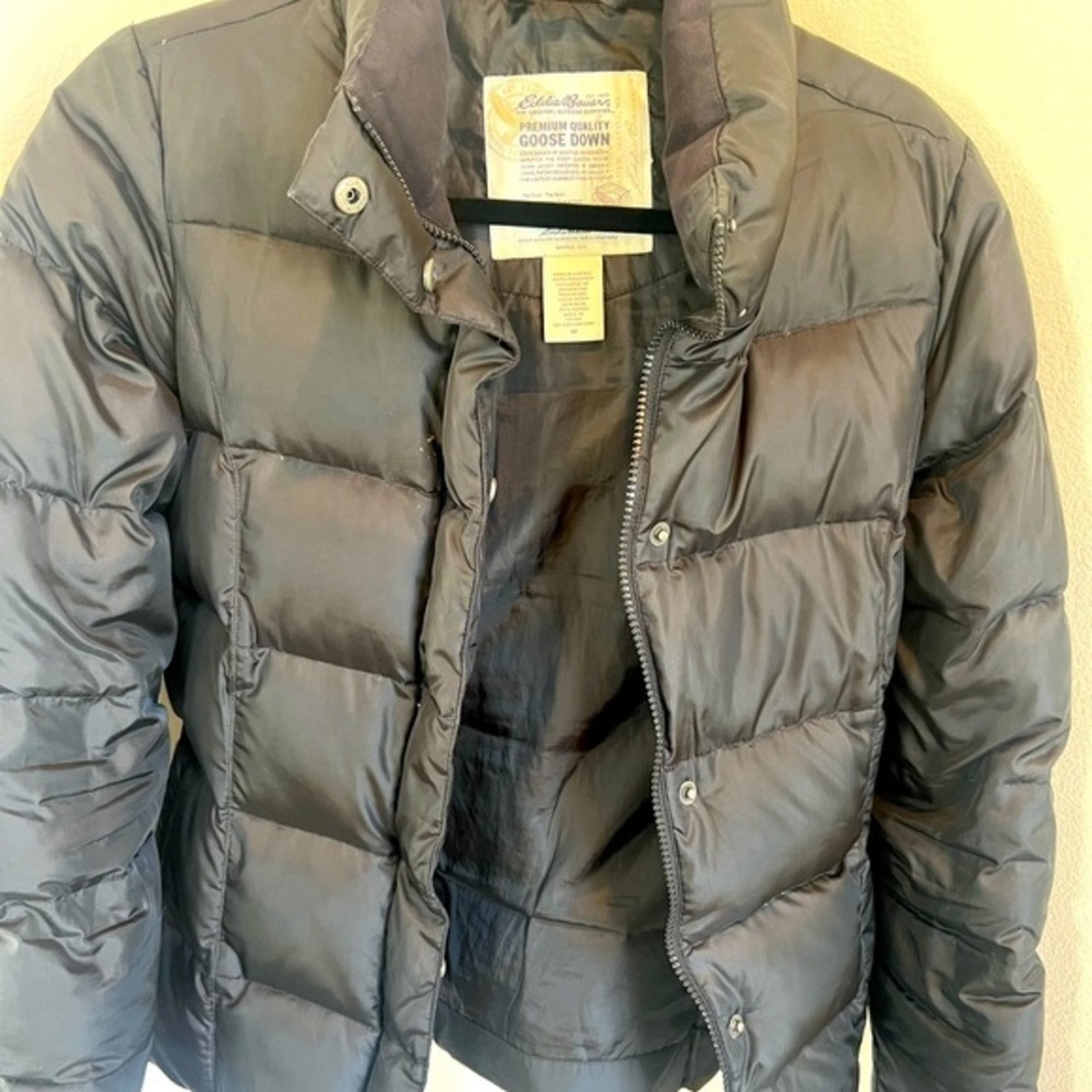 Eddie Bauer Jacket Womens M Black Full Zip Goose Down Quilted Puffer Coat